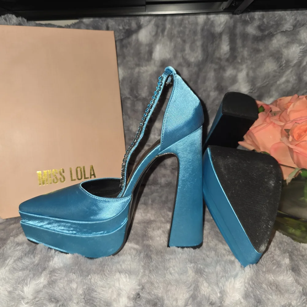 Miss Lola Teal Satin Platform Shoes - Picture 3 of 3